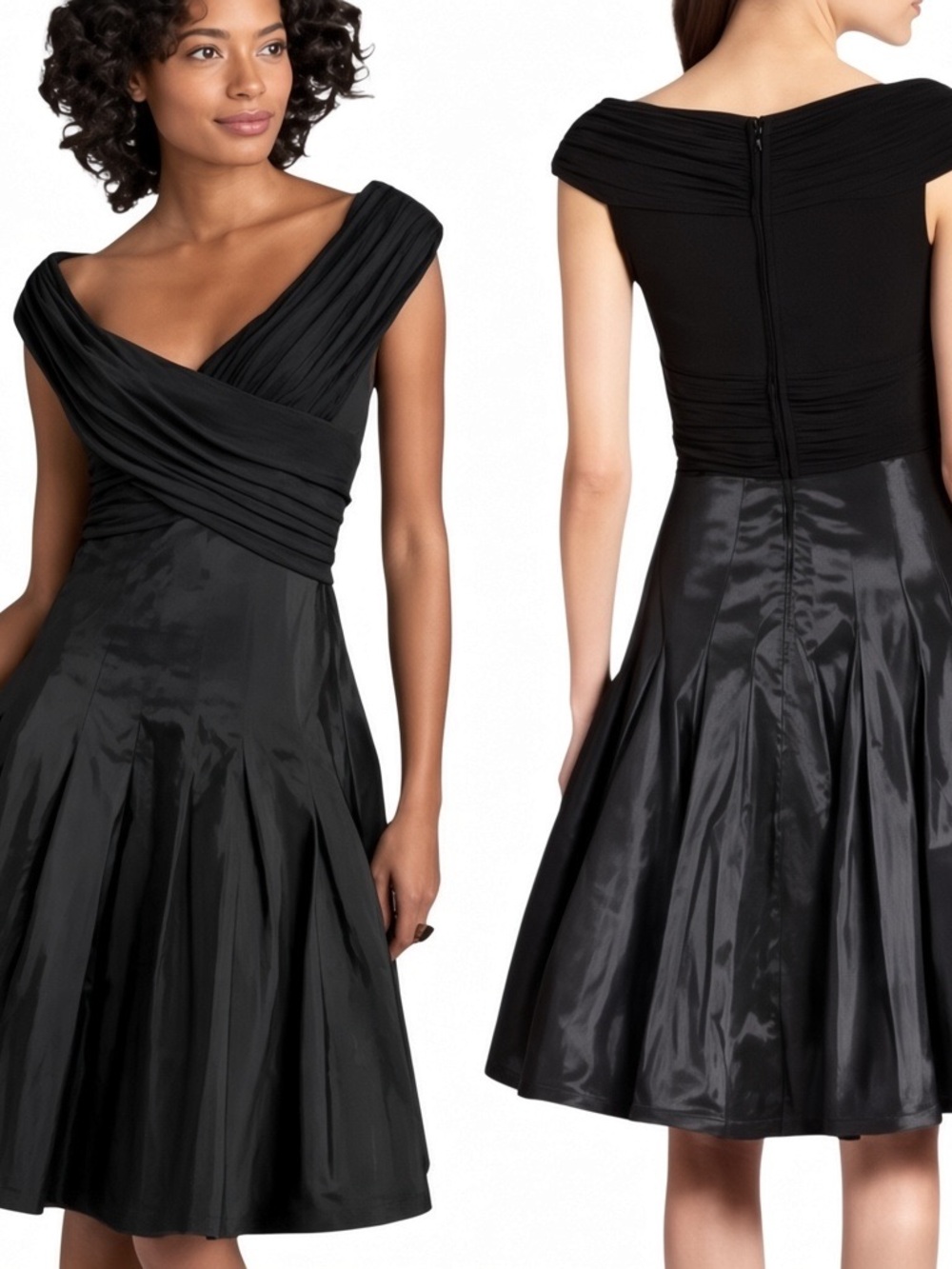 Tadashi Shoji Black Cocktail Dress with Draped Cross-Pleated Bodice